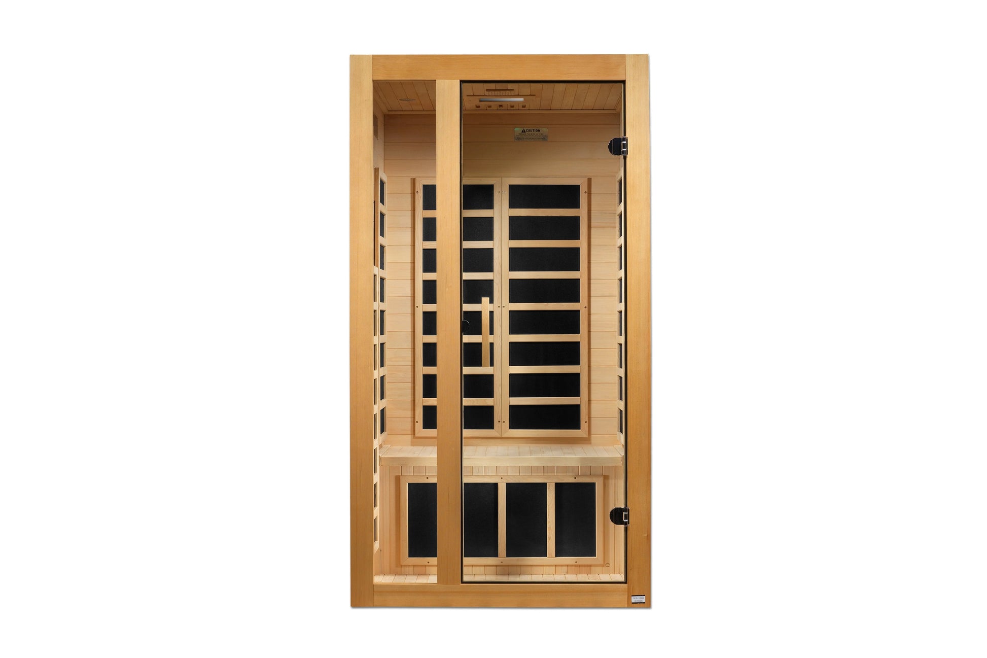 Natural wood infrared sauna cabin with glass front door, black interior panels, and control panel on top, shown on white back