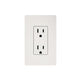 White dual electrical outlet with two vertical slots and rounded bottom openings on beige wall plate