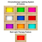 Chromotherapy lighting system with nine color options displayed in wooden panels: yellow, green, magenta, white, blue, red, p