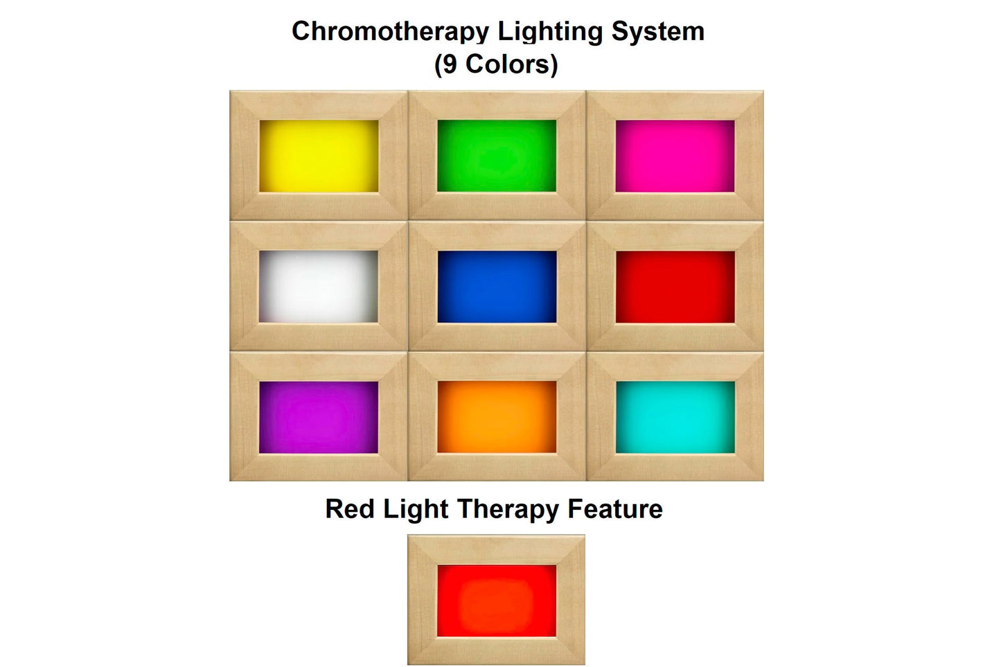 Chromotherapy lighting system with nine color options displayed in wooden panels: yellow, green, magenta, white, blue, red, p