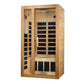 Golden Designs Gracia infrared sauna with natural wood frame and glass door panels with black interior heating elements, on w