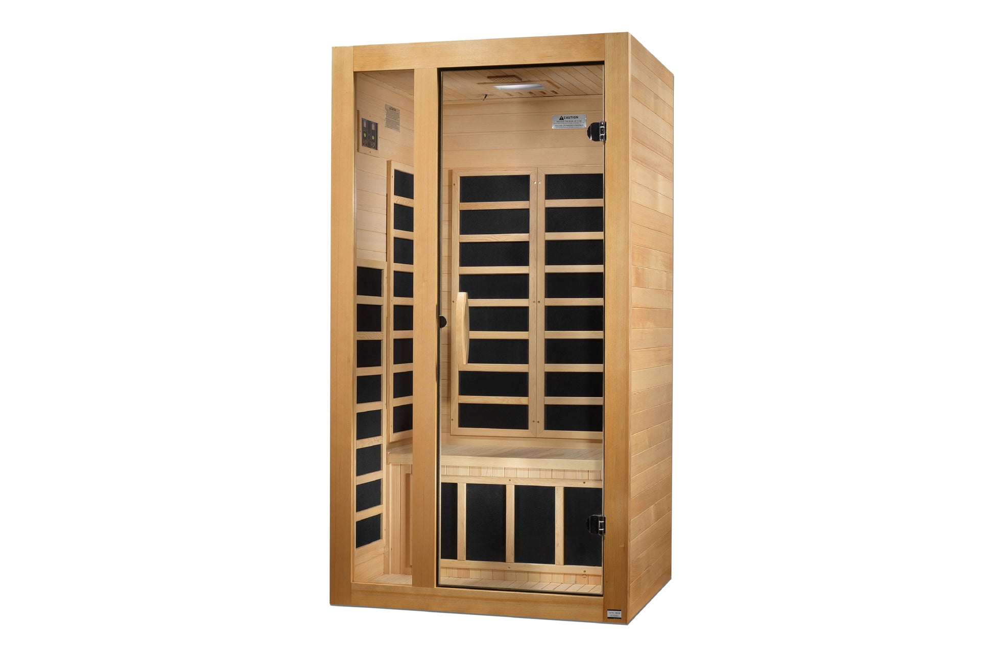 Golden Designs Gracia infrared sauna with natural wood frame and glass door panels with black interior heating elements, on w
