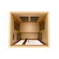 Golden Designs Gracia infrared sauna interior with light wood construction, bench seating, and ceiling heaters, shown on whit
