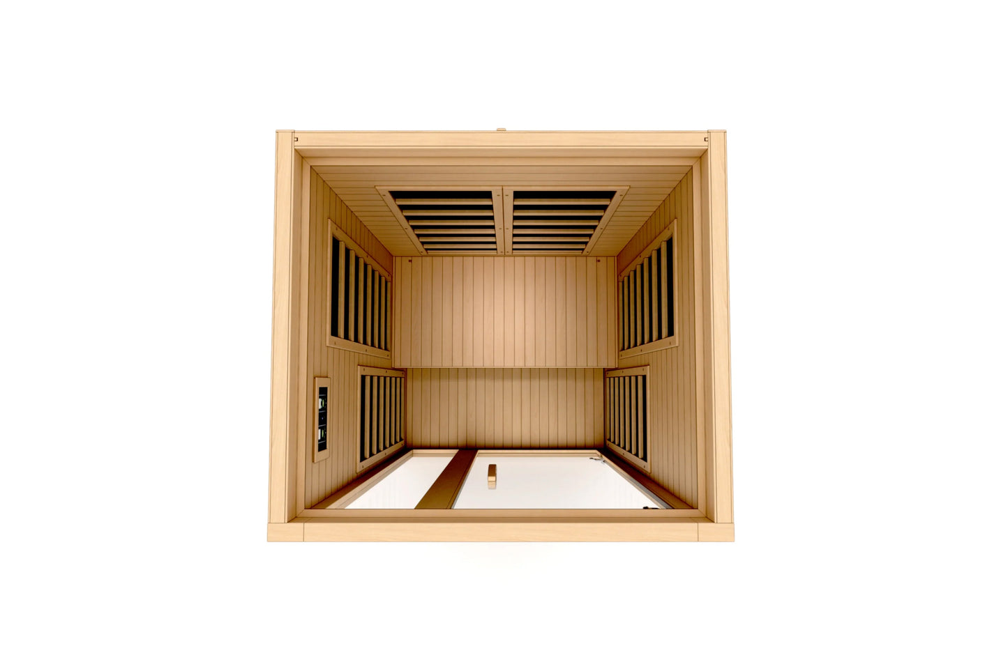 Golden Designs Gracia infrared sauna interior with light wood construction, bench seating, and ceiling heaters, shown on whit