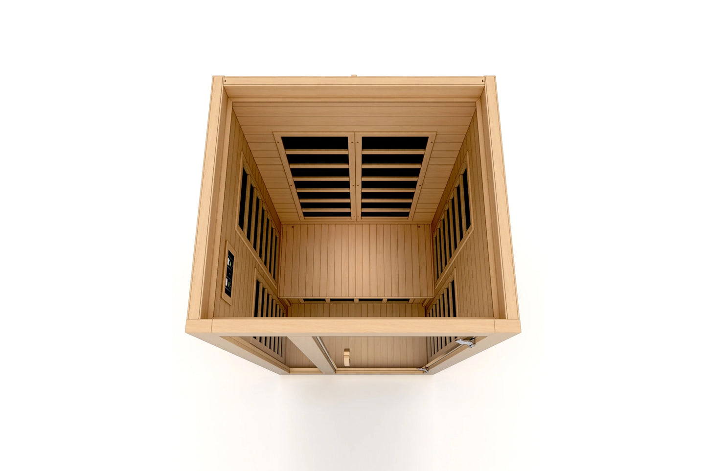 Light wood sauna with glass door and infrared heater panels visible on ceiling interior, overhead view on white background