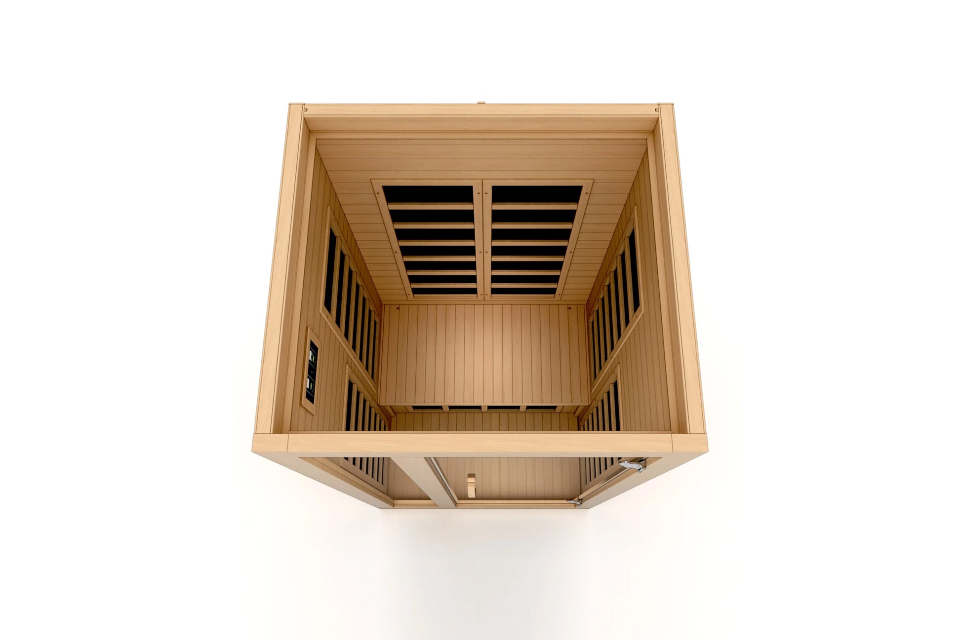 Light wood sauna with glass door and infrared heater panels visible on ceiling interior, overhead view on white background