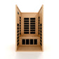 Golden Designs Gracia infrared sauna with light wood construction, black glass front and side panels, dual benches, and open 