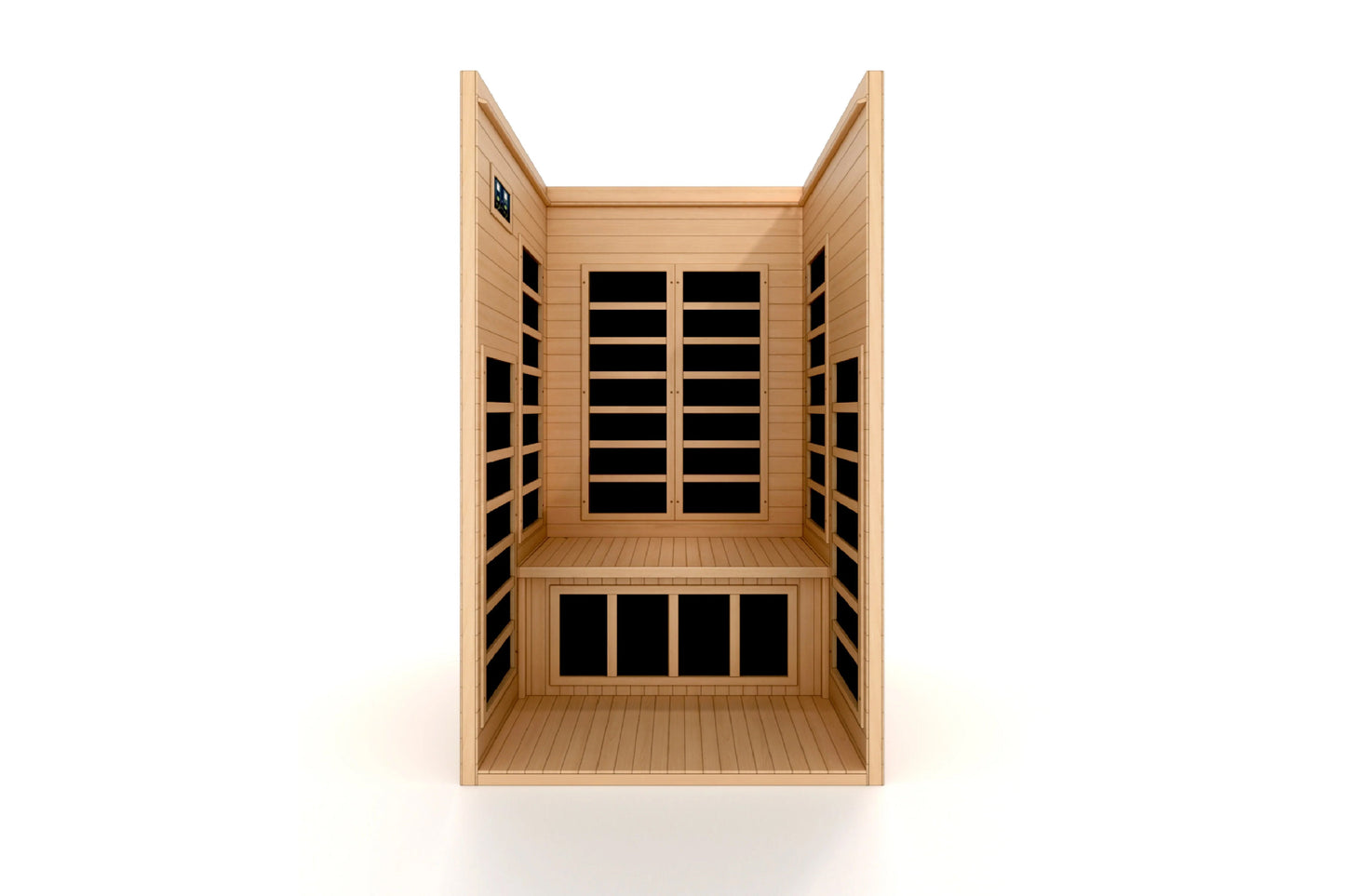 Golden Designs Gracia infrared sauna with light wood construction, black glass front and side panels, dual benches, and open 