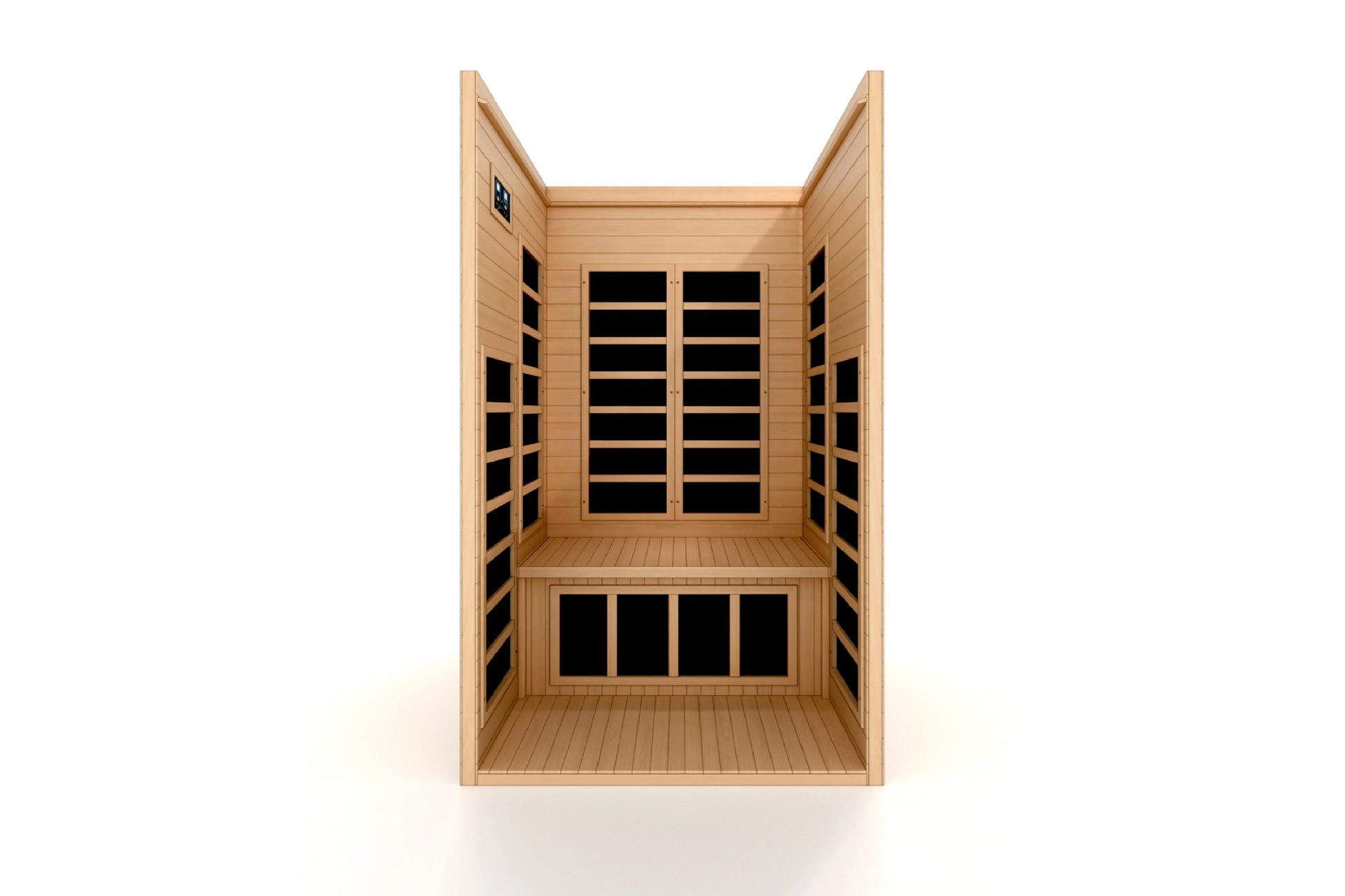 Golden Designs Gracia infrared sauna with light wood construction, black glass front and side panels, dual benches, and open 