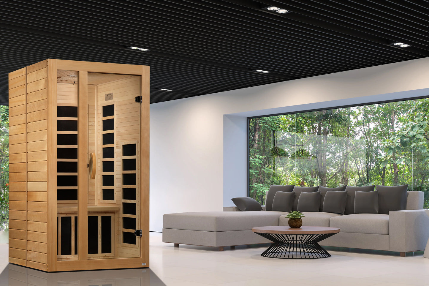 Golden Designs Gracia sauna with natural wood finish and infrared heating panels, displayed in modern living room setting