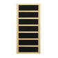 Natural wood sauna door with seven horizontal black glass panels separated by light wood dividers, on white background