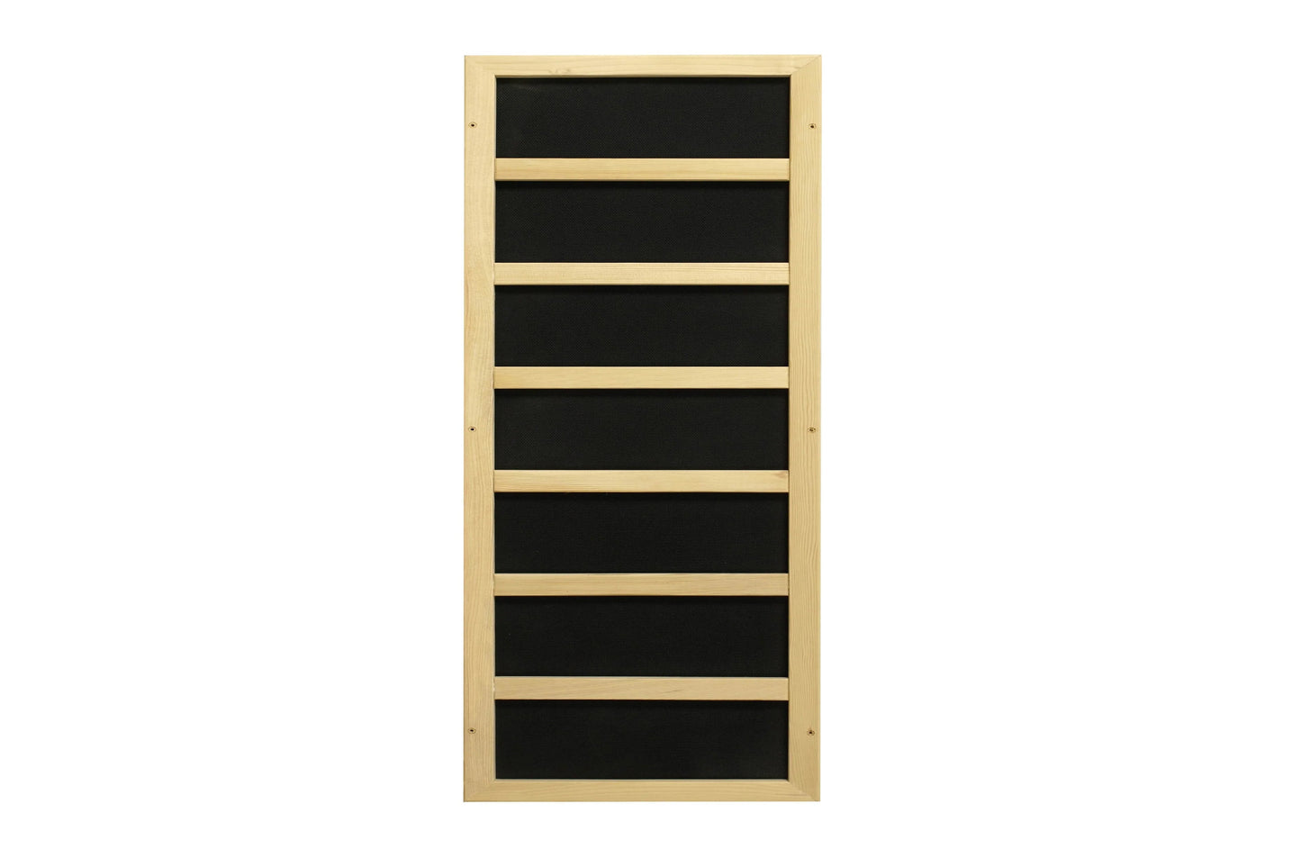 Natural wood sauna door with seven horizontal black glass panels separated by light wood dividers, on white background