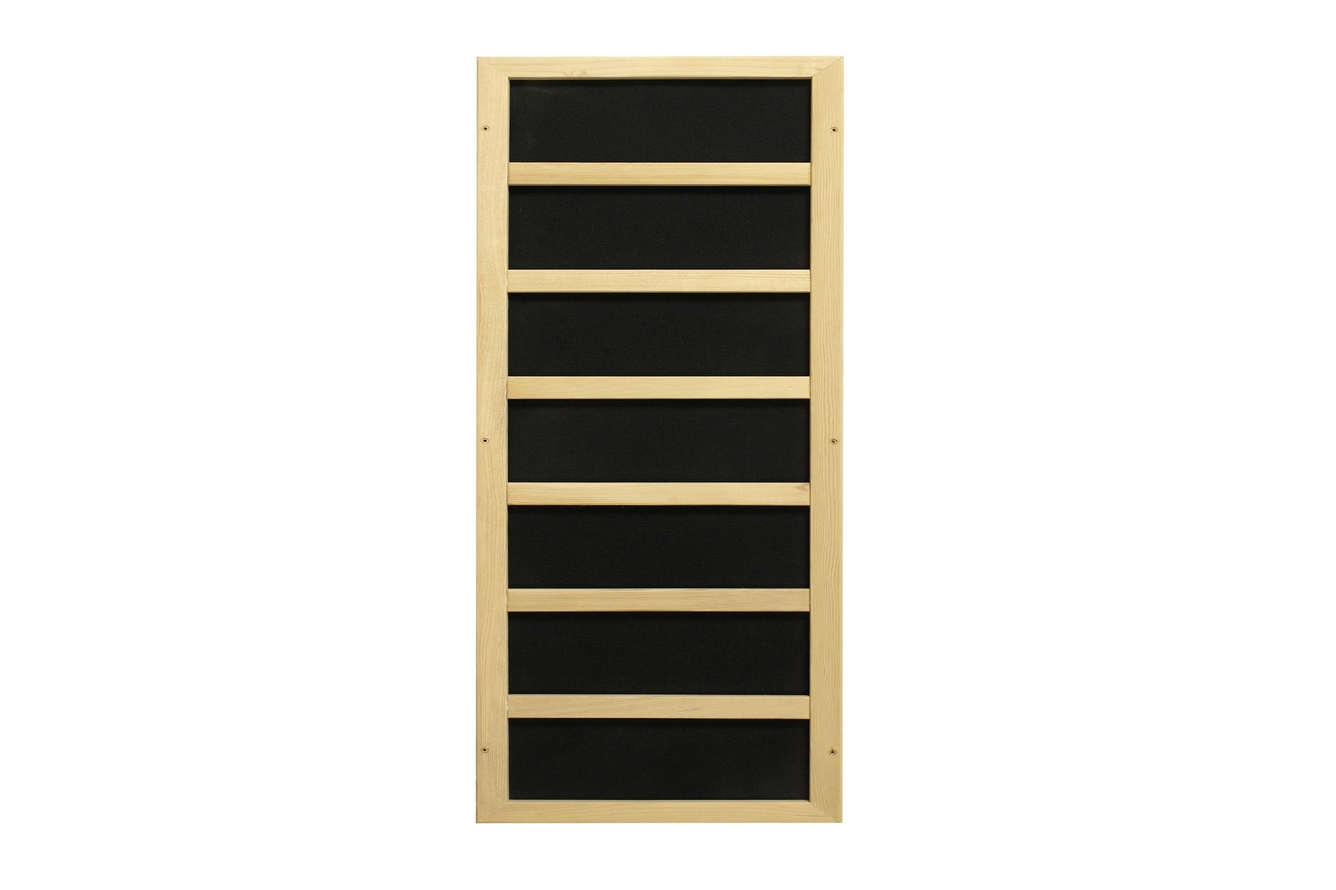 Natural wood sauna door with seven horizontal black glass panels separated by light wood dividers, on white background