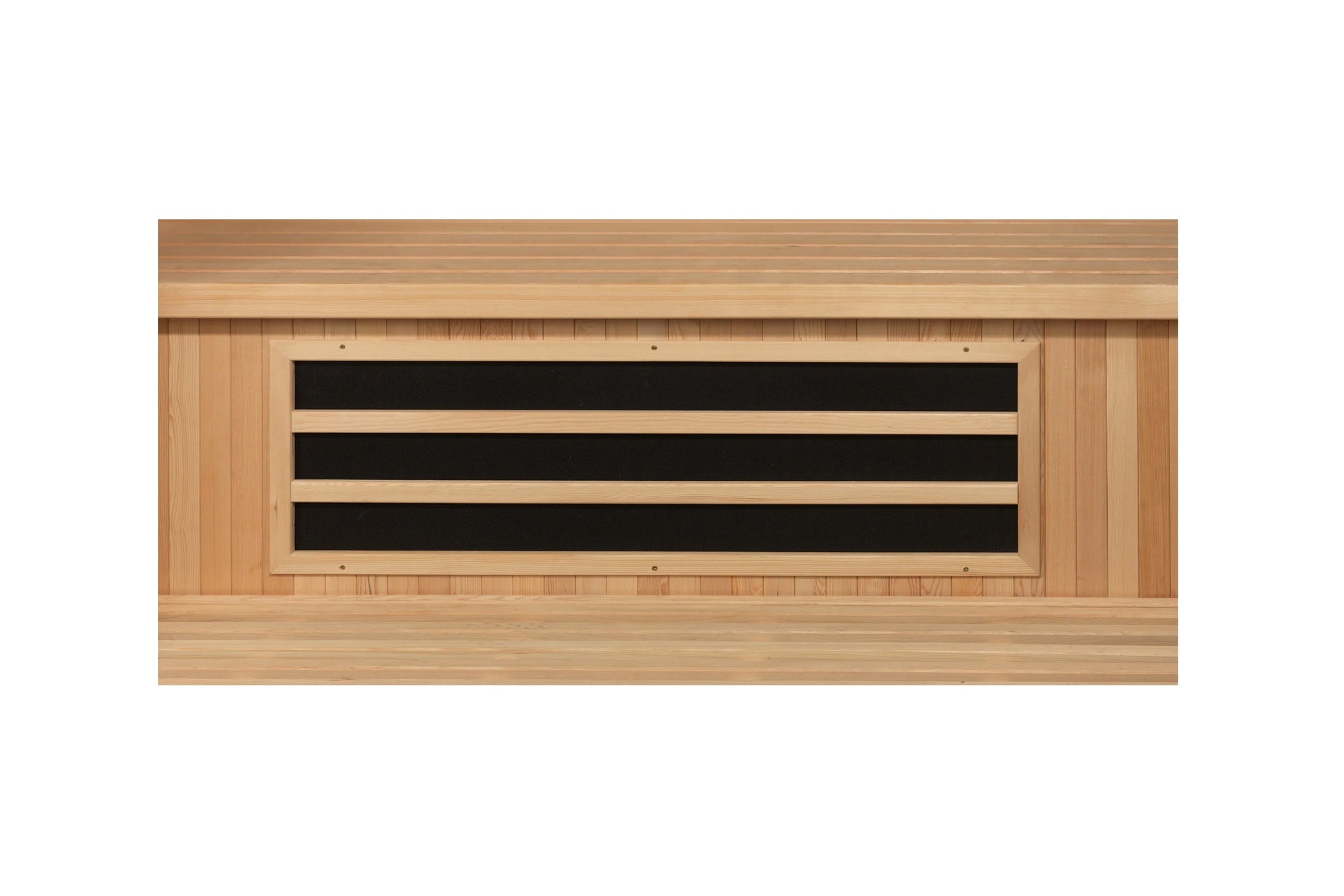 Golden Designs Gracia sauna interior with light cedar wood walls and three black horizontal vents on white background