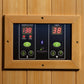 Digital control panel with wooden frame mounted on wood wall, featuring temperature display reading 138, timer display readin