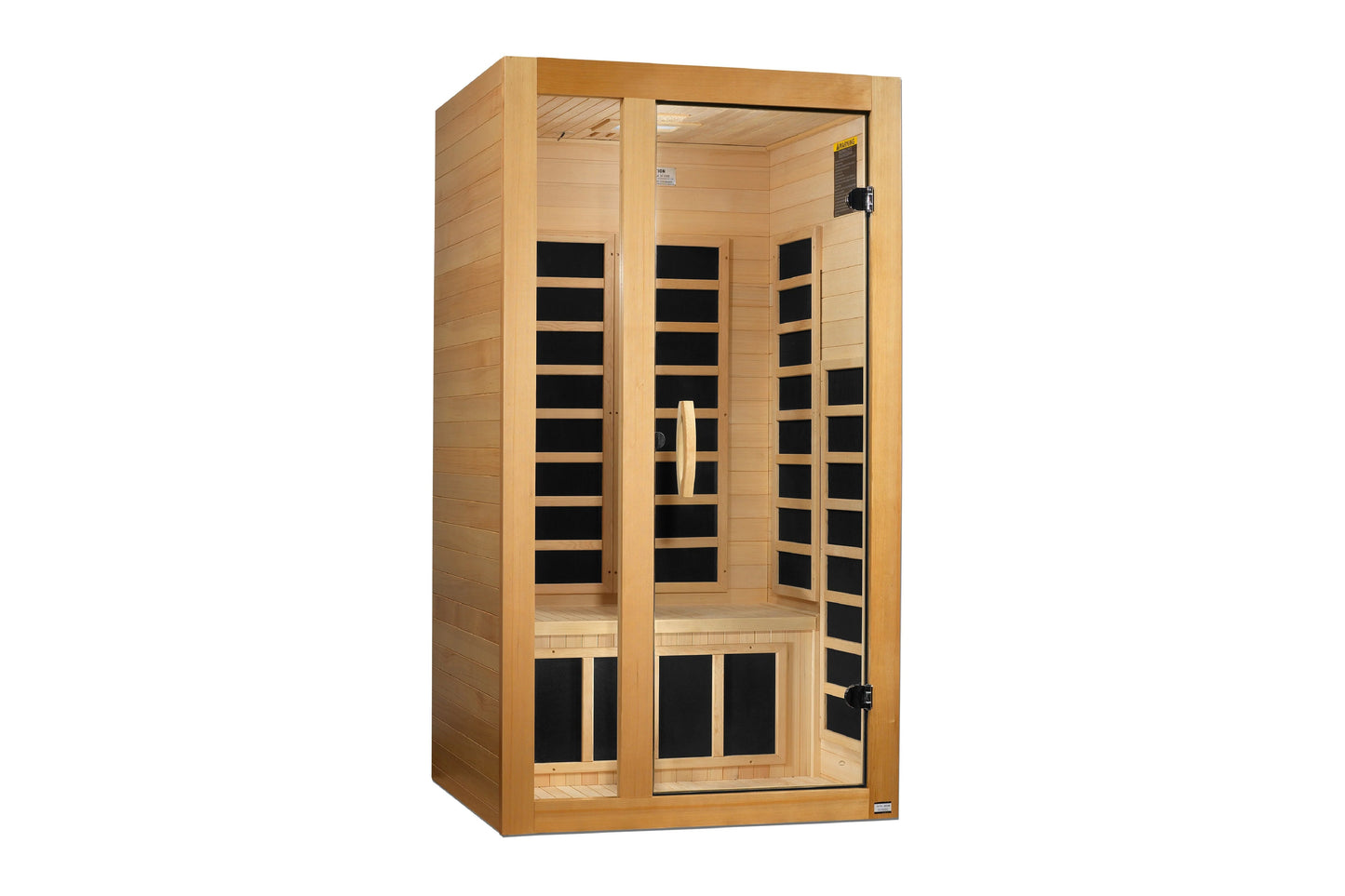 Golden Designs Gracia infrared sauna with natural wood construction, glass doors, and black carbon heating panels, front-faci