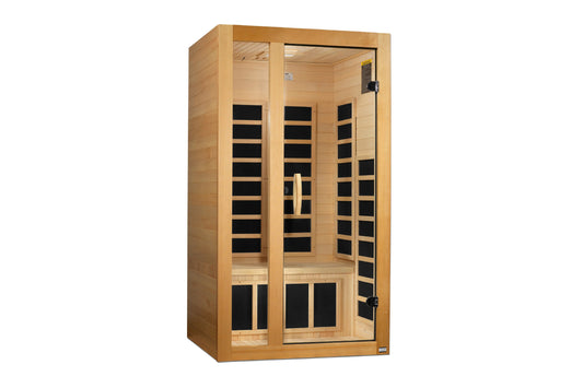 Golden Designs Gracia infrared sauna with natural wood construction, glass doors, and black carbon heating panels, front-faci