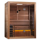 Golden Designs Hanko Edition sauna with warm cedar wood interior, glass door, bench seating, and ambient lighting on white ba