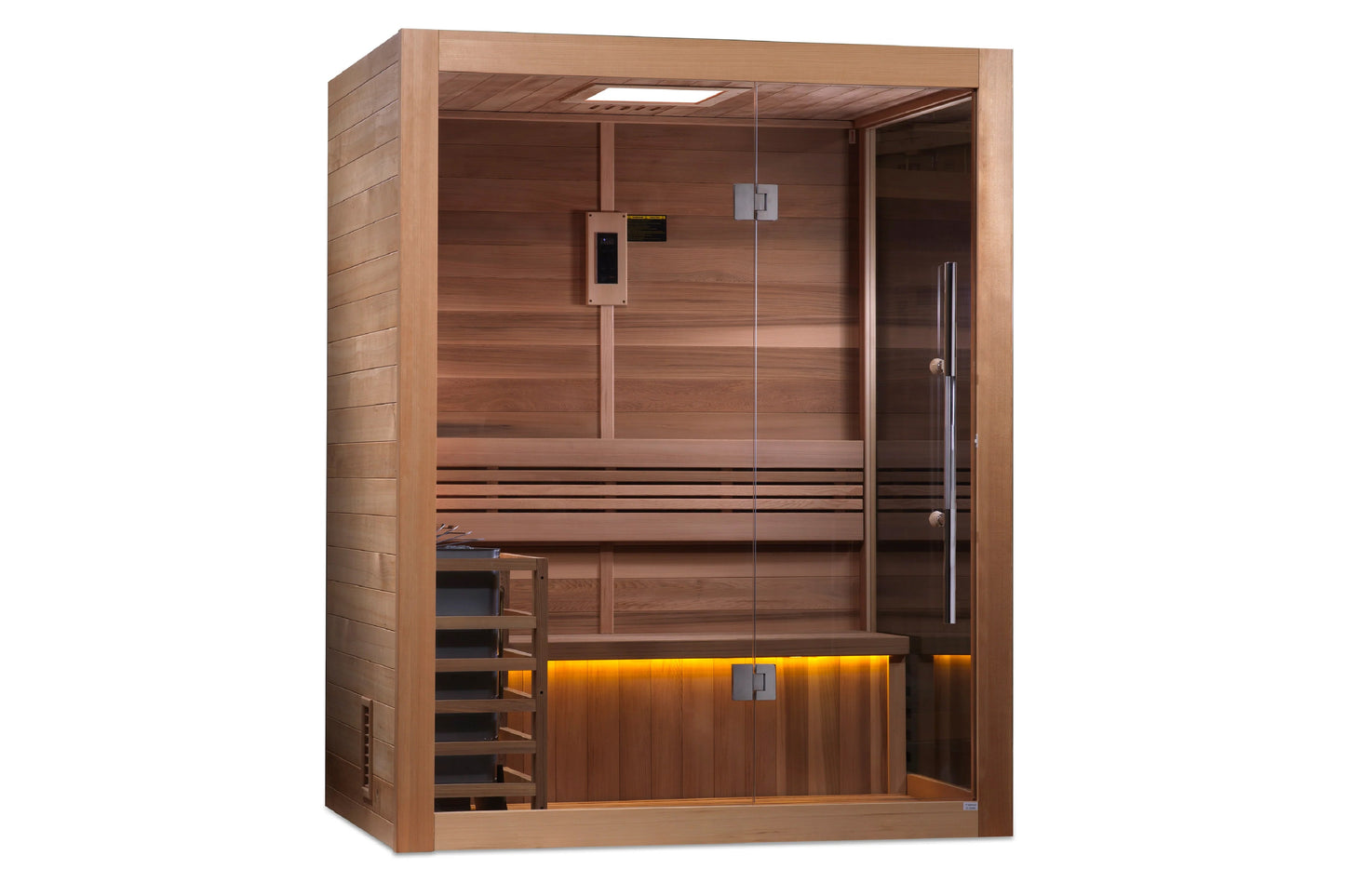 Golden Designs Hanko Edition sauna with warm cedar wood interior, glass door, bench seating, and ambient lighting on white ba