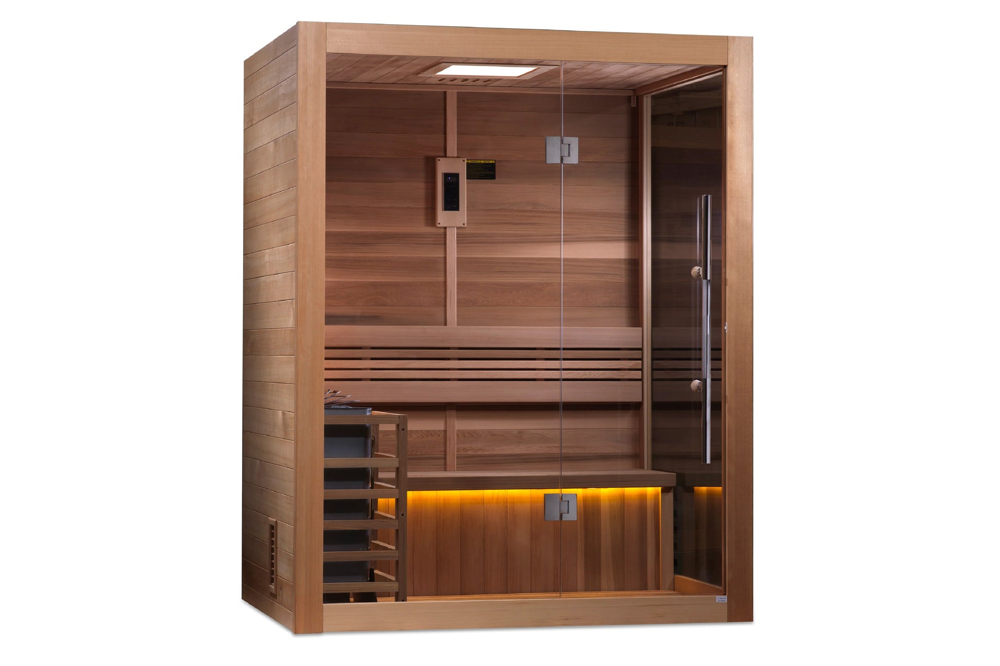 Golden Designs Hanko Edition sauna with warm cedar wood interior, glass door, bench seating, and ambient lighting on white ba