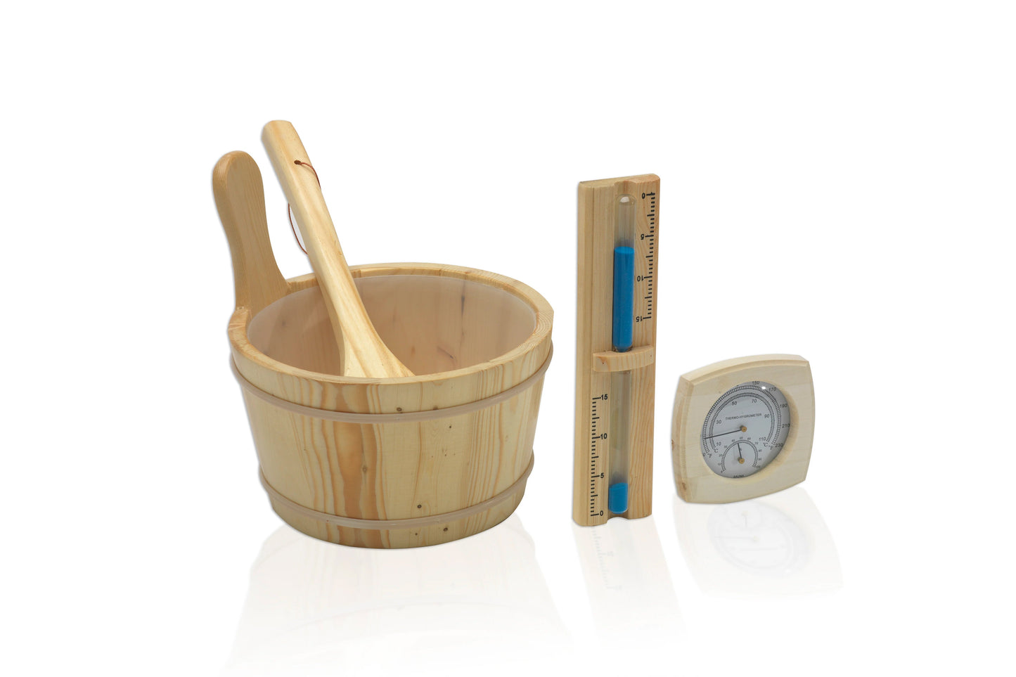Wooden sauna bucket with ladle, wooden thermometer with blue details, and wooden hygrometer, flat lay on white background