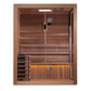 Golden Designs Hanko Edition sauna with cedar wood interior, glass door, bench seating, control panel, and orange lighting ac