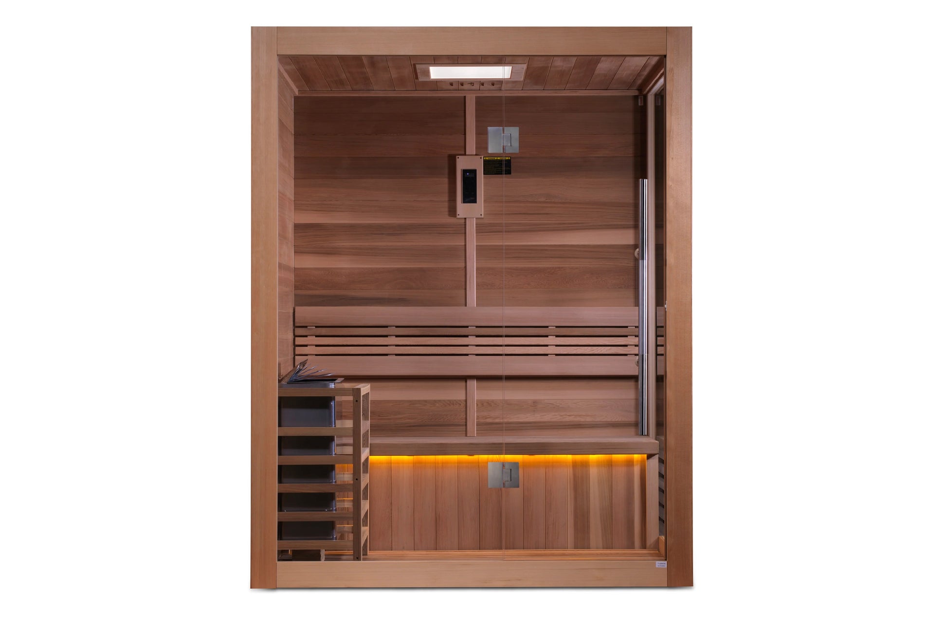 Golden Designs Hanko Edition sauna with cedar wood interior, glass door, bench seating, control panel, and orange lighting ac