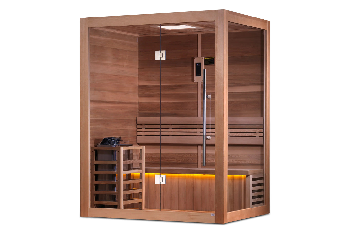 Golden Designs Hanko Edition cedar sauna with glass door, bench seating, control panel, and ambient yellow lighting on white 