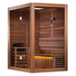 Golden Designs Hanko Edition traditional sauna with cedar wood construction, glass doors, built-in benches, and ambient yello