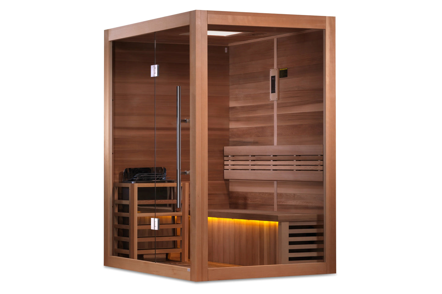 Golden Designs Hanko Edition traditional sauna with cedar wood construction, glass doors, built-in benches, and ambient yello