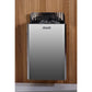 Harvia stainless steel sauna heater with black heating elements and rocks on wooden wall background, flat lay view