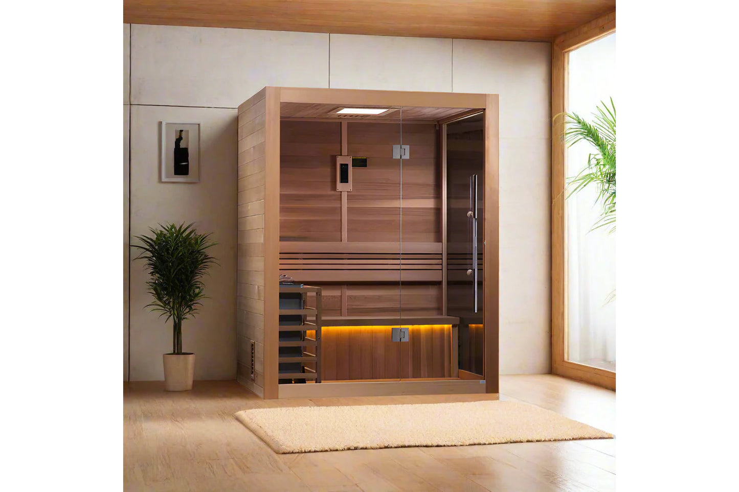 Golden Designs Hanko Edition 2-3 person indoor traditional sauna with cedar wood construction and glass doors in spa setting