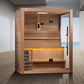 Golden Designs Hanko Edition 2-3 person indoor sauna with cedarwood cabin, glass door, bench seating, and amber ambient light