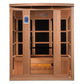 Cedar wood 3-person infrared sauna with glass front doors, digital blue control panel, and built-in Himalayan salt bar on whi