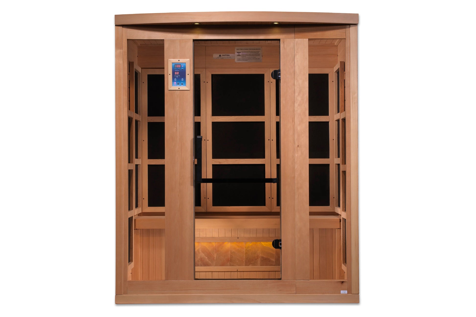 Cedar wood 3-person infrared sauna with glass front doors, digital blue control panel, and built-in Himalayan salt bar on whi