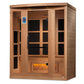 Golden Designs Hotel 3-person sauna with light wood construction, glass doors, digital control panel, and amber infrared heat