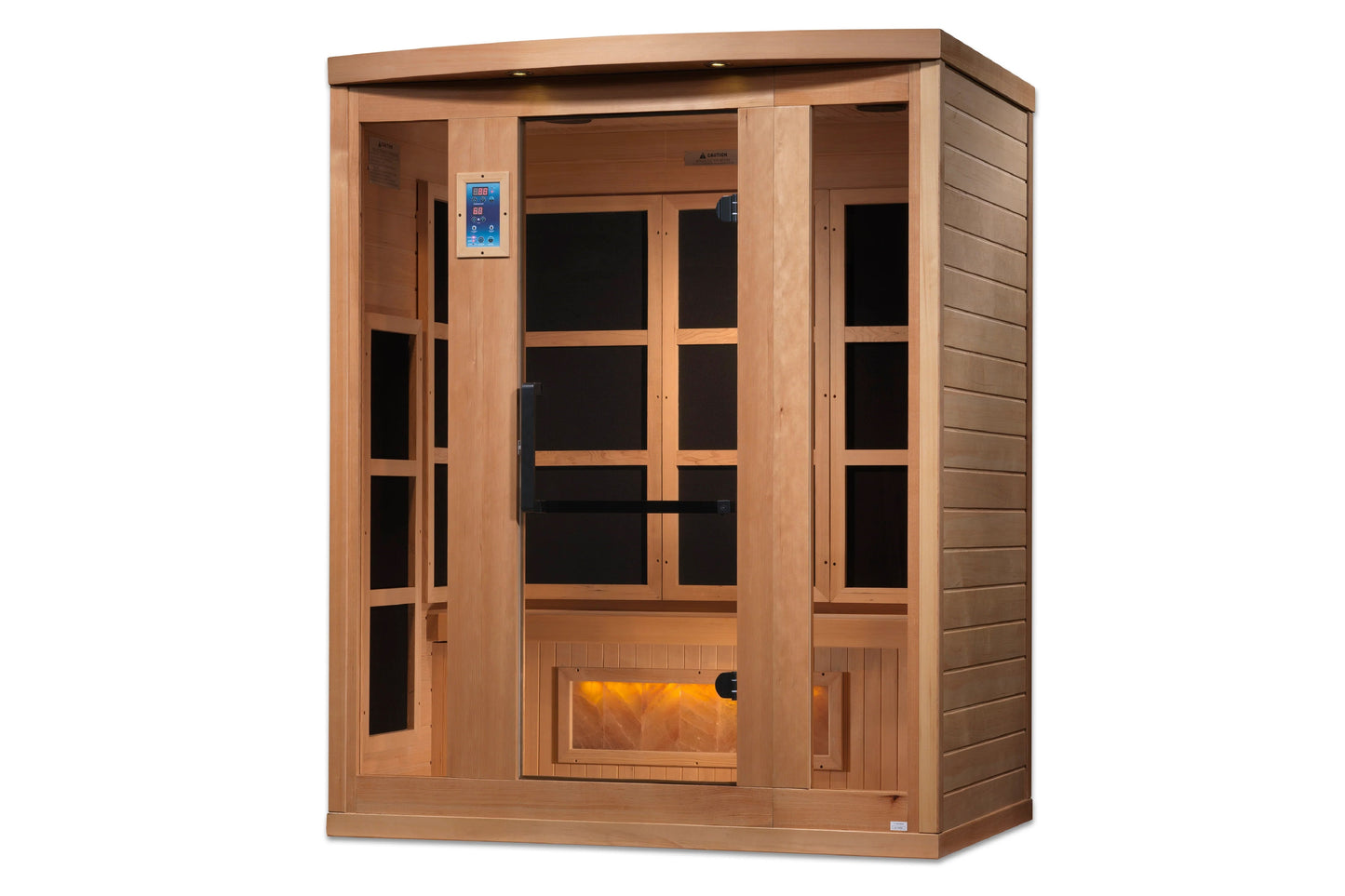 Golden Designs Hotel 3-person sauna with light wood construction, glass doors, digital control panel, and amber infrared heat