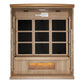 Golden Designs Hotel 3-person sauna with light wood exterior, nine black-tinted glass panels, and glowing infrared heater vis