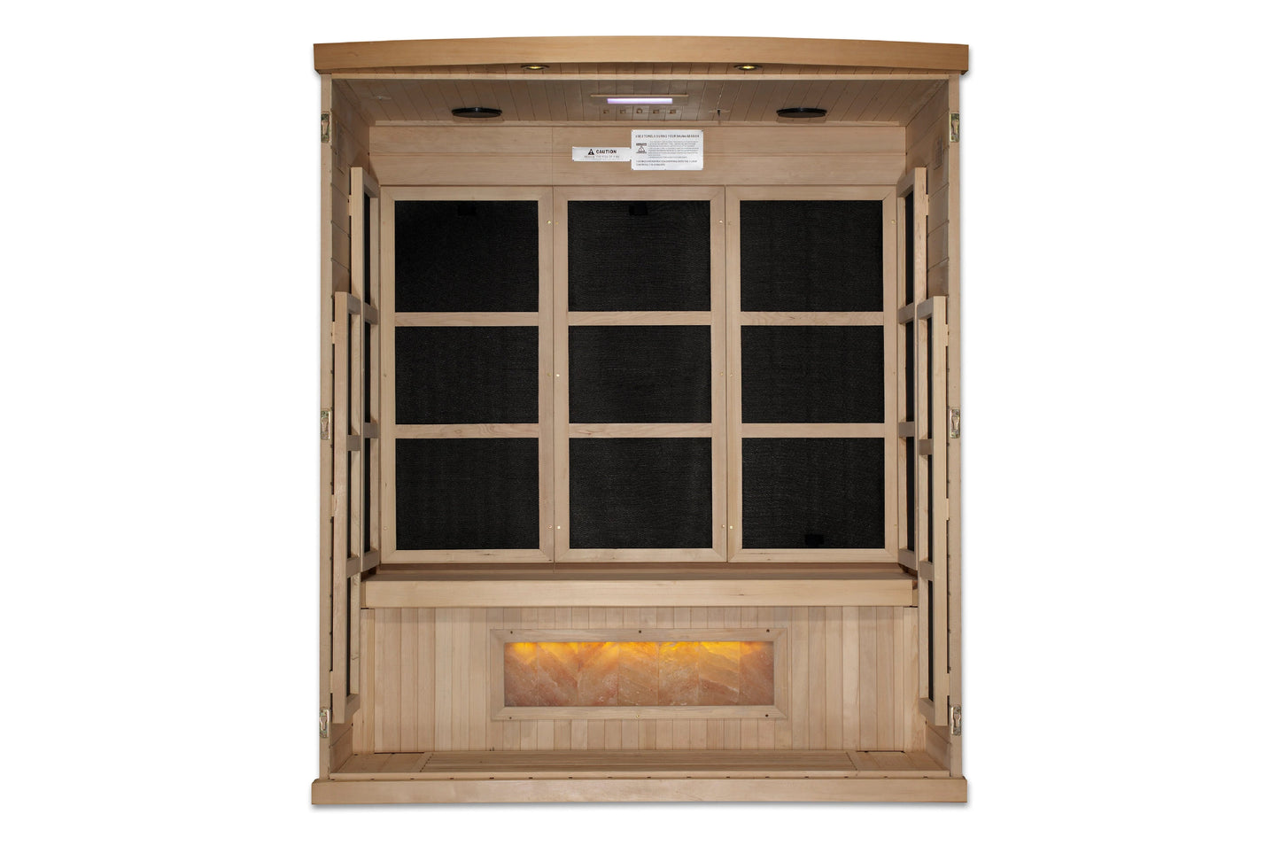 Golden Designs Hotel 3-person sauna with light wood exterior, nine black-tinted glass panels, and glowing infrared heater vis