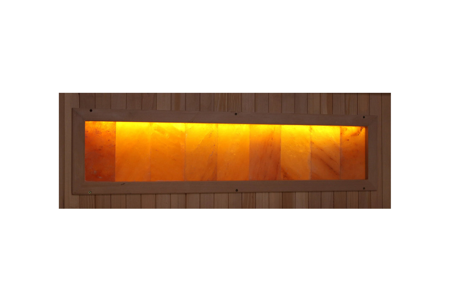 Golden Designs Hotel 3-person far infrared sauna with wood exterior and illuminated orange-yellow tempered glass window on wh