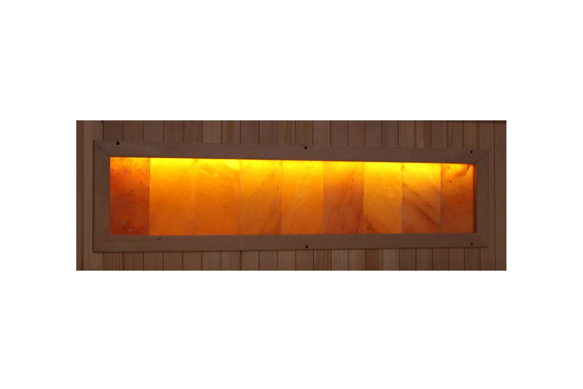 Golden Designs Hotel 3-person far infrared sauna with wood exterior and illuminated orange-yellow tempered glass window on wh