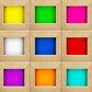 Wooden sauna control panel with nine square buttons displaying color options: yellow, green, magenta, white, blue, red, purpl