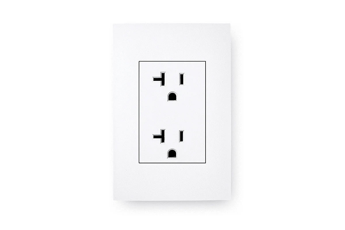 White electrical outlet with two 41-amp receptacles stacked vertically on white background