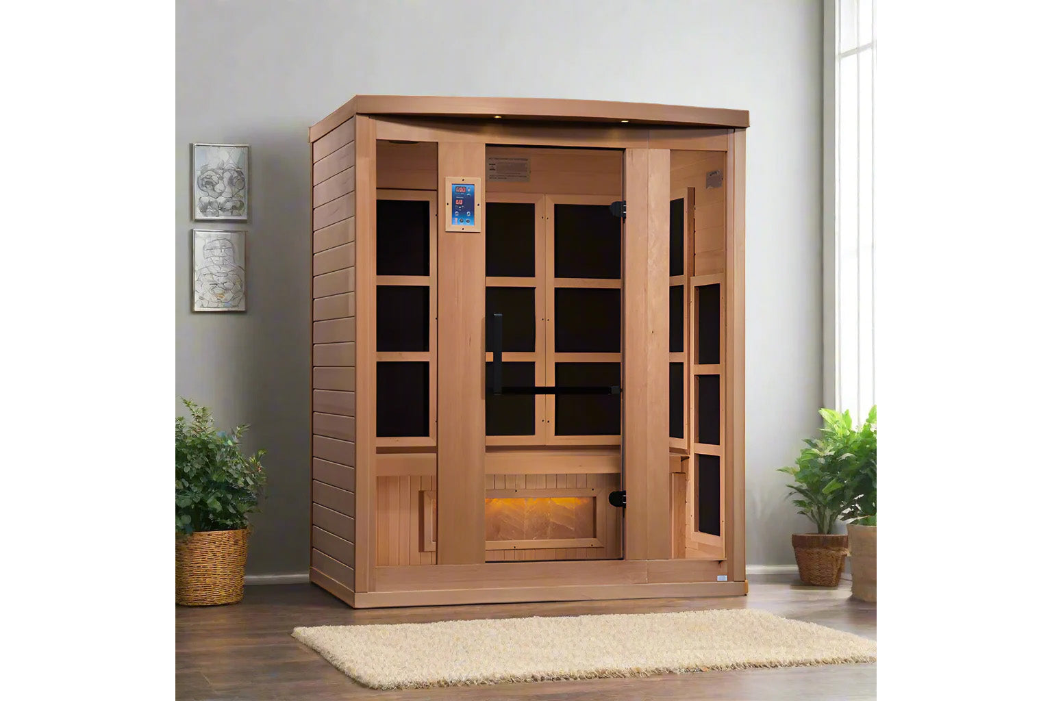 Golden Designs Hotel 3-person infrared sauna with cedar wood construction, glass front doors, digital control panel, and Hima