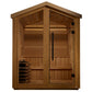 Golden Designs Kaarina six-person outdoor sauna with natural wood construction, glass doors, and interior wooden benches on w