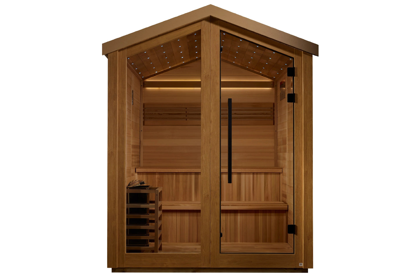 Golden Designs Kaarina six-person outdoor sauna with natural wood construction, glass doors, and interior wooden benches on w
