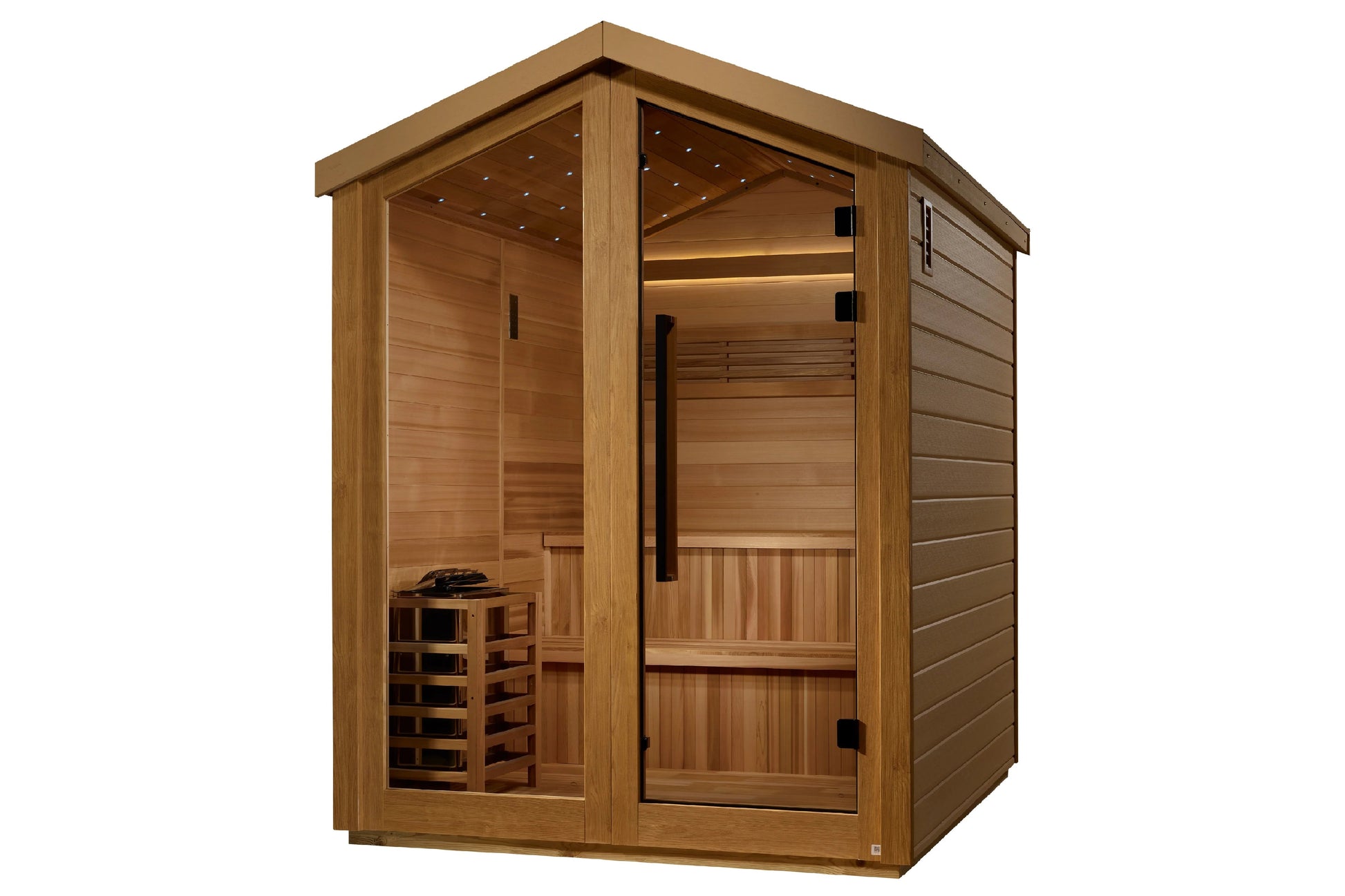 Golden Designs Kaarina 6-person outdoor traditional sauna with cedar wood construction, glass door, interior benches, and ove