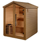 Golden Designs Kaarina 6-person outdoor sauna with cedar wood construction, glass door, and bench seating on white background
