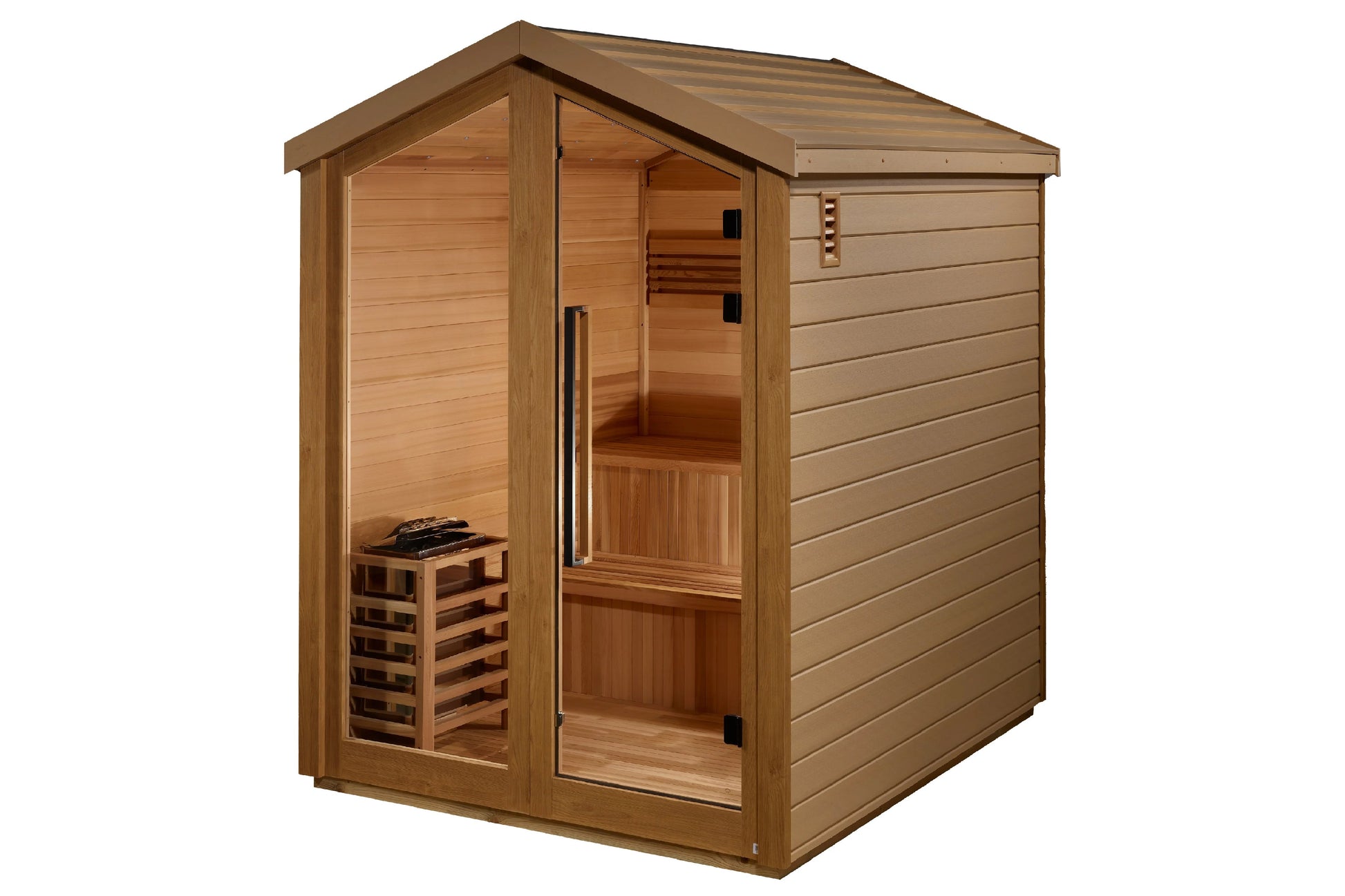 Golden Designs Kaarina 6-person outdoor sauna with cedar wood construction, glass door, and bench seating on white background
