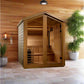 Golden Designs Kaarina six-person outdoor traditional sauna with cedar wood construction and glass door in modern spa setting